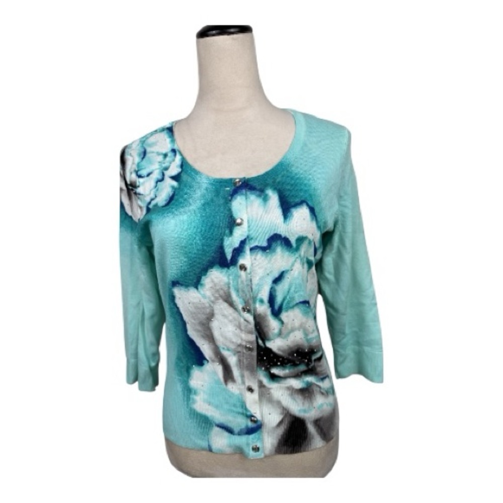 White House Black Market turquoise cardigan sweater floral print size small